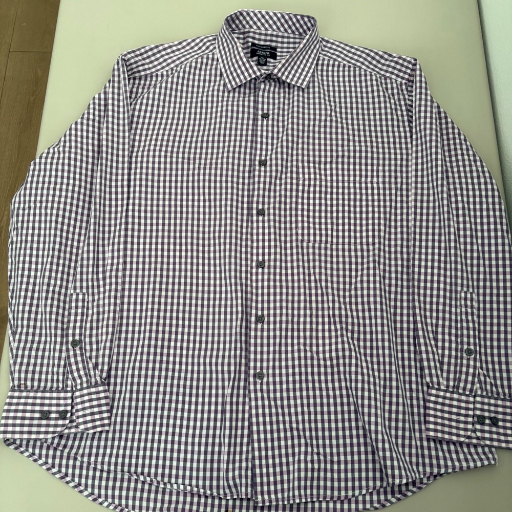 Alfani Performance Mens XL Gingham Checkered Purple Gray Dress‎ Shirt